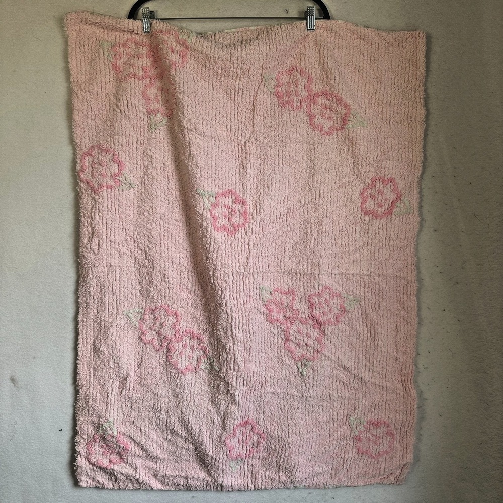Amy‎ Coe Limited Edition Pink Chenille Floral Baby Blanket 100% Cotton 30x42